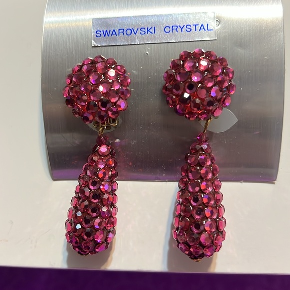 Bridal, Prom, Wedding Pave Fuchsia Swarovski Crystal Teardrop Clip-on Earrings - Picture 5 of 7